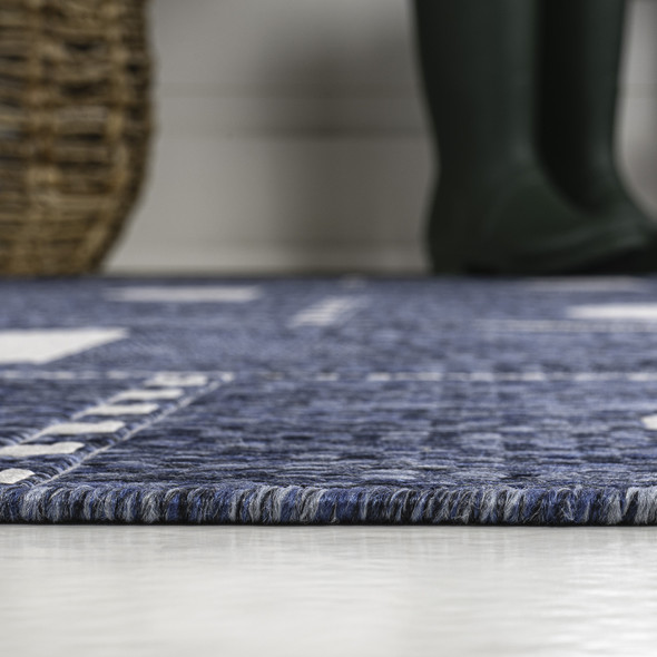 5' X 8' Navy Blue And Cream Geometric Indoor Outdoor Area Rug