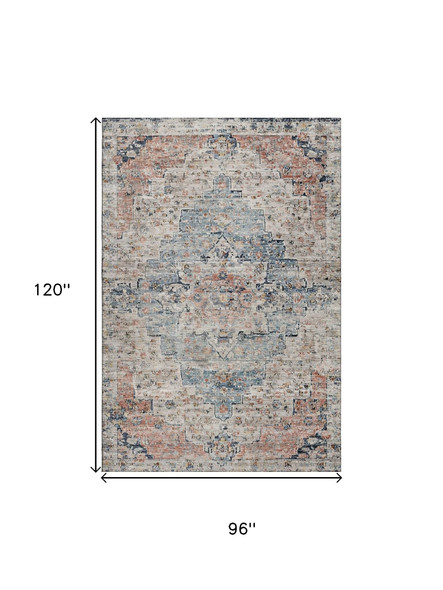 8' X 10' Beige Blue And Coral Floral Medallion Washable Area Rug With UV Protection