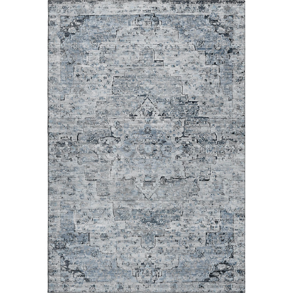9' X 12' Sky Blue And Ivory Floral Medallion Washable Area Rug With UV Protection