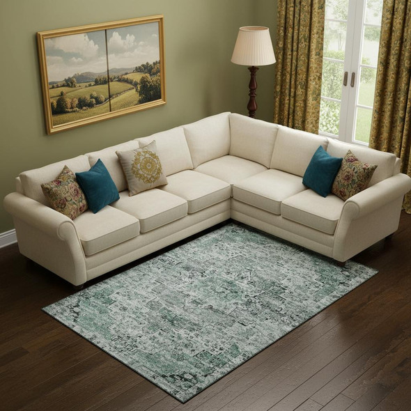 9' X 12' Teal And Gray Floral Medallion Washable Area Rug With UV Protection