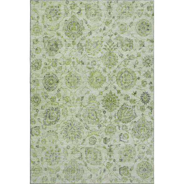 9' X 12' Artichoke Green And Gray Damask Washable Area Rug With UV Protection