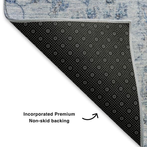 9' X 12' Blue And Gray Damask Washable Area Rug With UV Protection