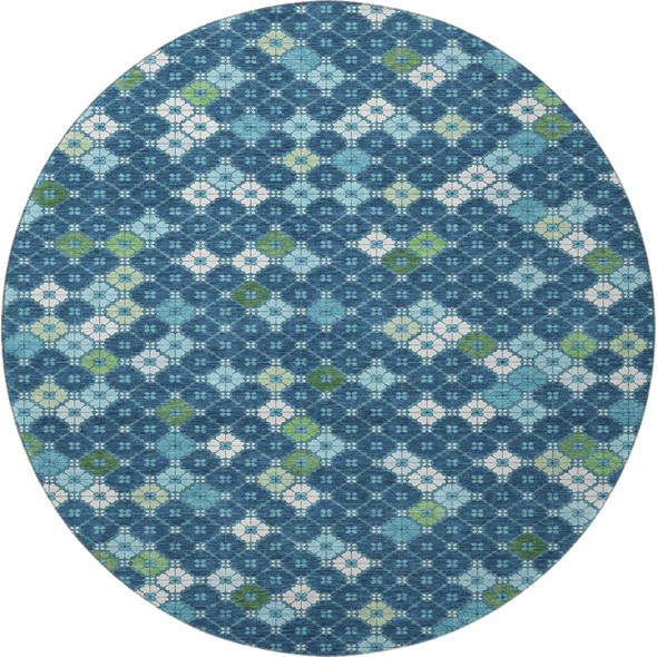 8' Navy Blue Ivory And Green Geometric Washable Round Rug With UV Protection