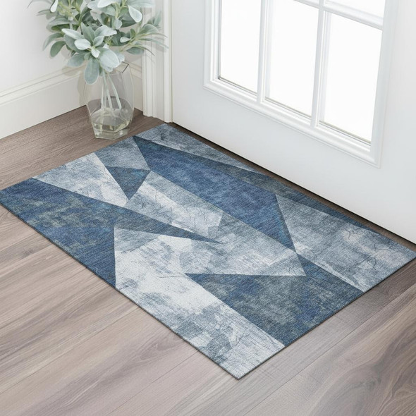 3' X 5' Navy Blue And Ivory Abstract Geometric Washable Area Rug With UV Protection