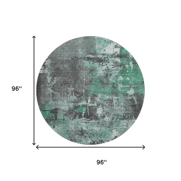 8' Green Gray And Ivory Abstract Washable Round Rug With UV Protection
