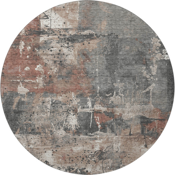 8' Rust Gray And Ivory Abstract Washable Round Rug With UV Protection