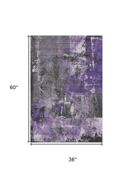 3' X 5' Purple Gray And Ivory Abstract Washable Area Rug With UV Protection