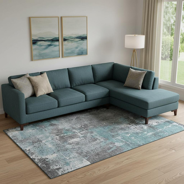 10' X 14' Teal Gray And Ivory Abstract Washable Area Rug With UV Protection