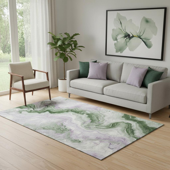 5' X 8' Olive Green Lavender And Ivory Abstract Washable Area Rug With UV Protection