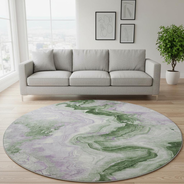 8' Olive Green Lavender And Ivory Abstract Washable Round Rug With UV Protection