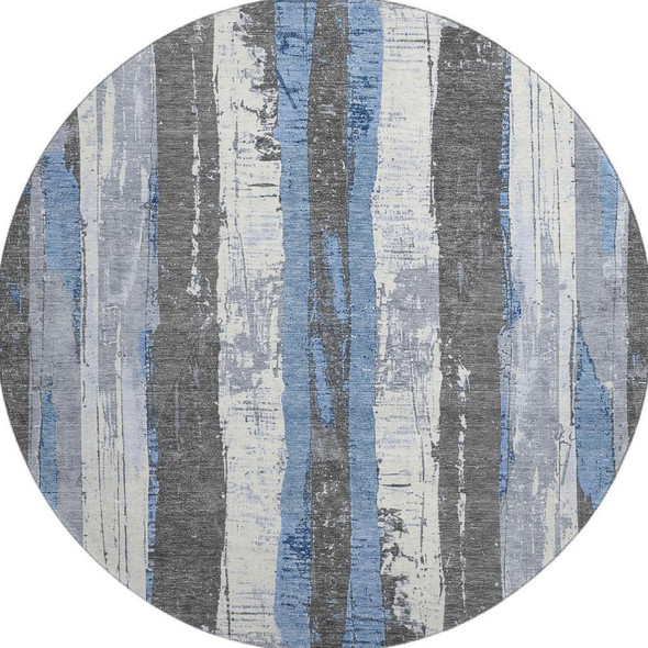 8' Denim Blue And Gray Striped Washable Round Rug With UV Protection