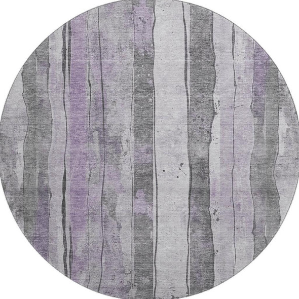 8' Lavender Gray And Silver Striped Washable Round Rug With UV Protection