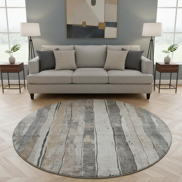 8' Beige And Gray Striped Washable Round Rug With UV Protection