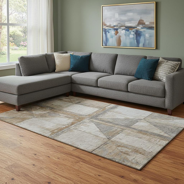 8' X 10' Copper And Gray Geometric Washable Area Rug With UV Protection