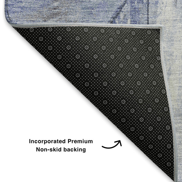 8' Denim Blue And Gray Geometric Washable Round Rug With UV Protection