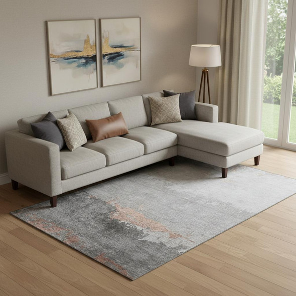 10' X 14' Salmon And Gray Abstract Washable Area Rug With UV Protection