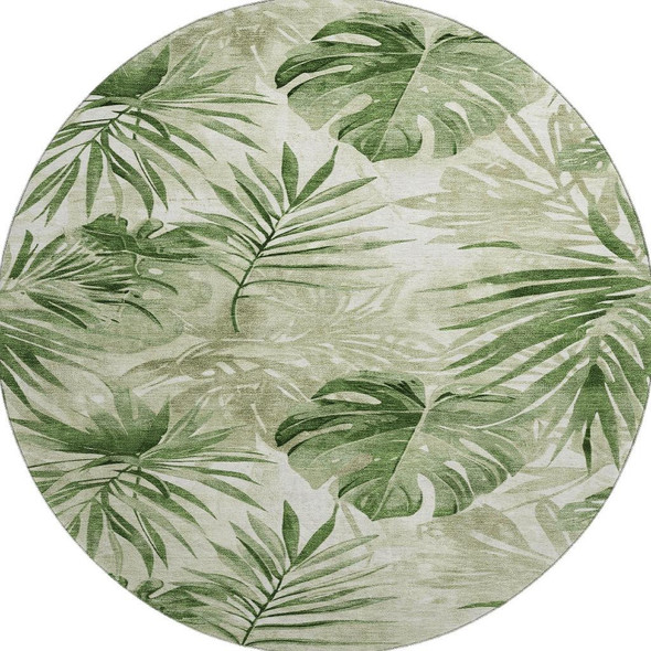 8' Artichoke Green And Ivory Floral Washable Round Rug With UV Protection