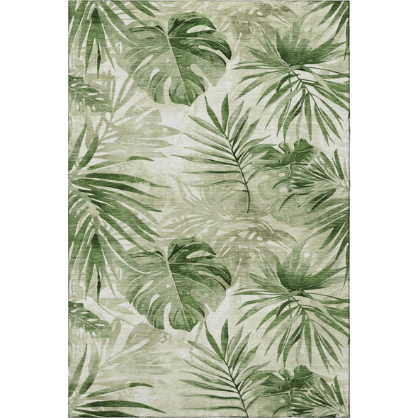10' X 14' Artichoke Green And Ivory Floral Washable Area Rug With UV Protection