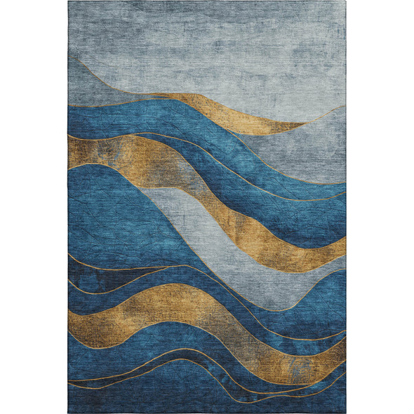 10' X 14' Blue And Gold Abstract Washable Area Rug With UV Protection