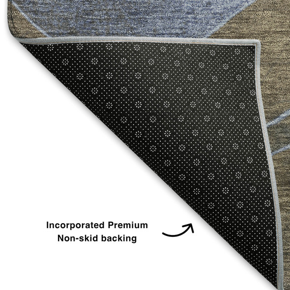 3' X 5' Taupe And Blue Abstract Washable Area Rug With UV Protection