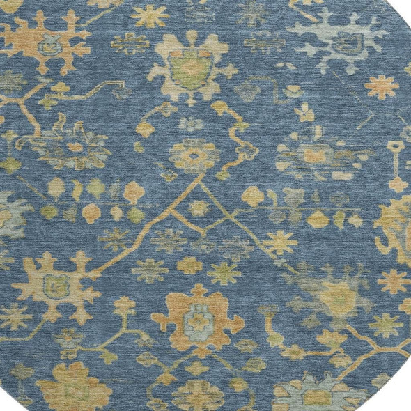 8' Navy Blue And Gold Floral Washable Round Rug With UV Protection