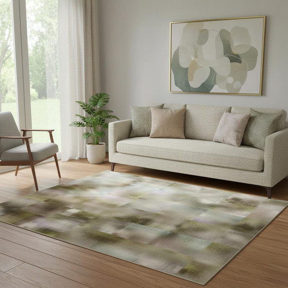5' X 8' Green Purple And Gold Abstract Washable Area Rug With UV Protection