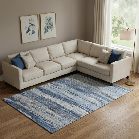 10' X 14' Blue Gray And Silver Abstract Washable Area Rug With UV Protection