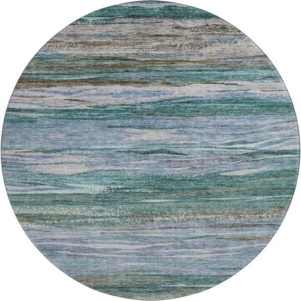 8' Teal Khaki And Green Abstract Washable Round Rug With UV Protection