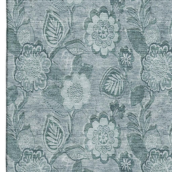9' X 12' Teal And Aqua Floral Washable Area Rug With UV Protection