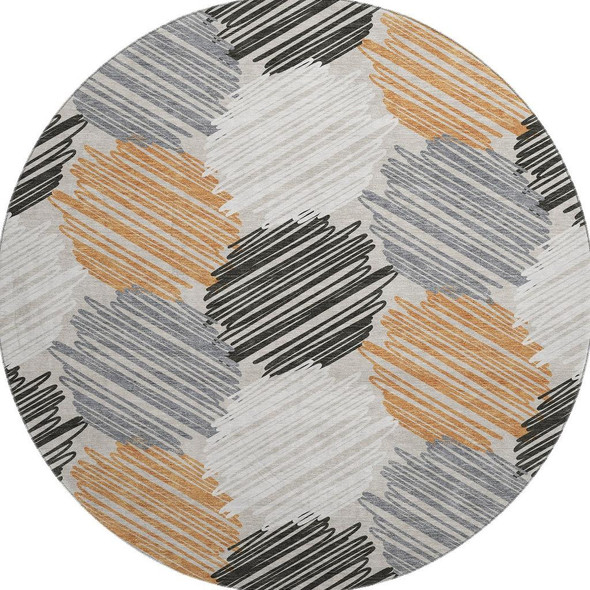 8' Copper Ivory And Gray Geometric Washable Round Rug With UV Protection