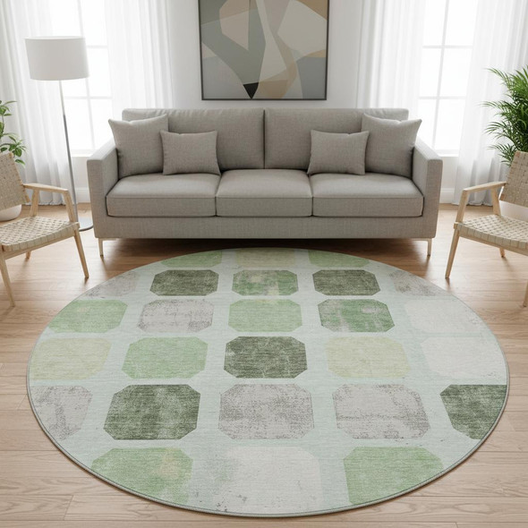 8' Artichoke Green Gray And Ivory Geometric Washable Round Rug With UV Protection