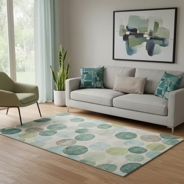 5' X 8' Teal Green And Ivory Geometric Washable Area Rug With UV Protection