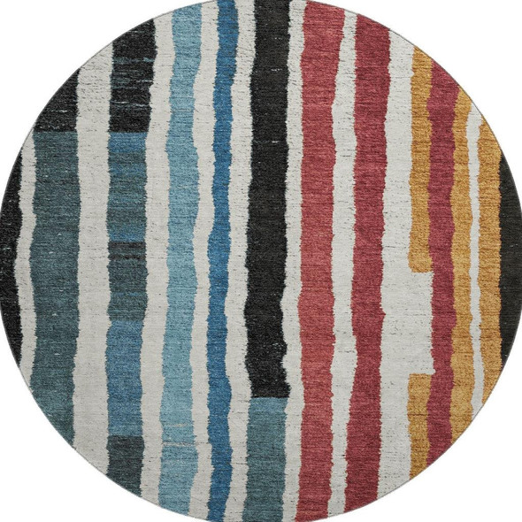 8' Black Blue And Copper Striped Washable Round Rug With UV Protection