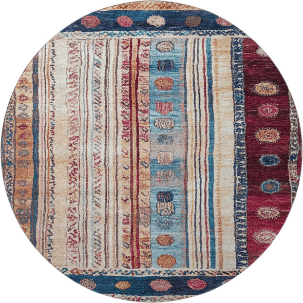 8' Navy Blue Merlot And Ivory Striped Washable Round Rug With UV Protection