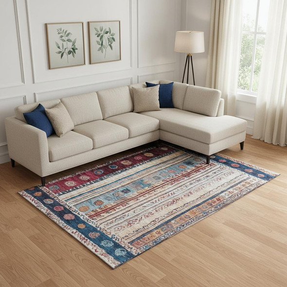 10' X 14' Navy Blue Merlot And Ivory Striped Washable Area Rug With UV Protection