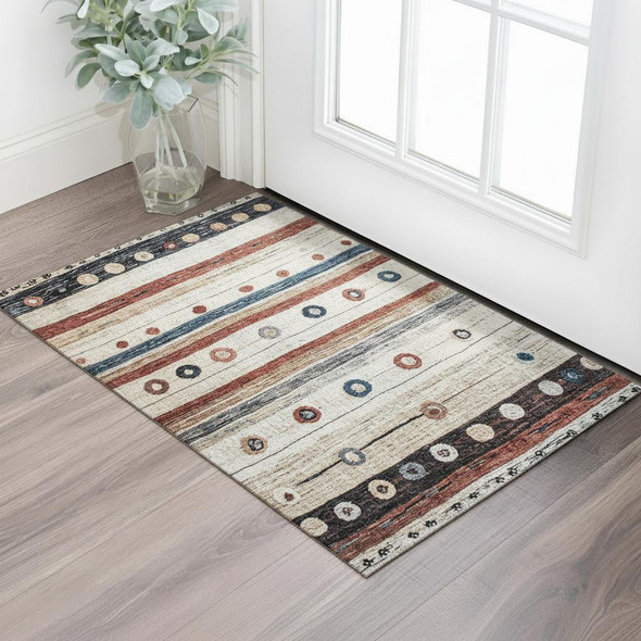 3' X 5' Beige Rust And Navy Blue Striped Washable Area Rug With UV Protection