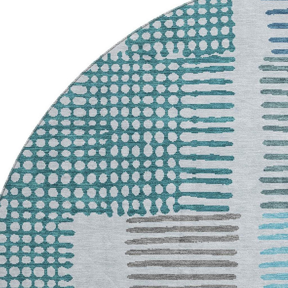 8' Aqua Teal And Ivory Geometric Washable Round Rug With UV Protection