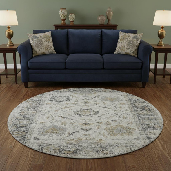 8' Ivory Taupe And Gray Oriental Washable Round Rug With UV Protection
