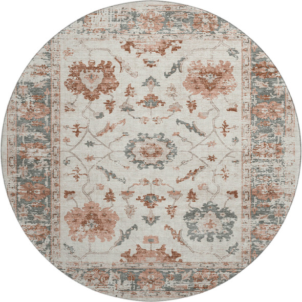 8' Linen Ivory And Salmon Oriental Washable Round Rug With UV Protection