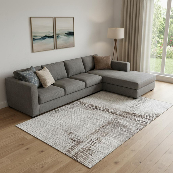 9' X 12' Taupe And Ivory Striped Washable Area Rug With UV Protection