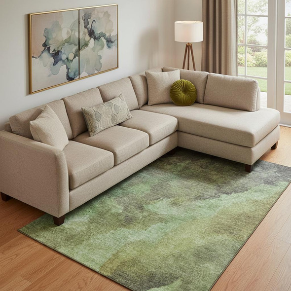 9' X 12' Green And Charcoal Abstract Washable Area Rug With UV Protection
