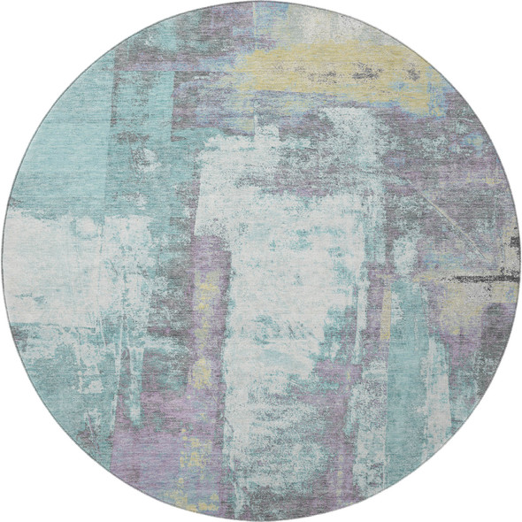 8' Teal Ivory And Purple Abstract Washable Round Rug With UV Protection