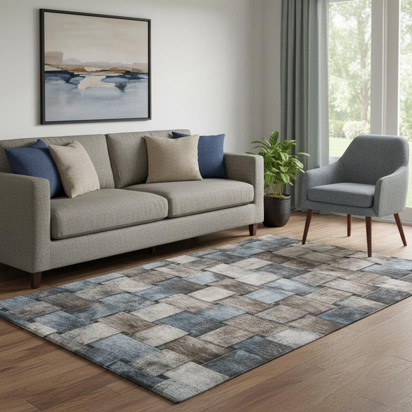 5' X 8' Taupe And Blue Striped Washable Area Rug With UV Protection