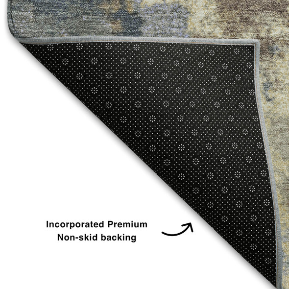 3' X 5' Gold And Blue Abstract Washable Area Rug With UV Protection