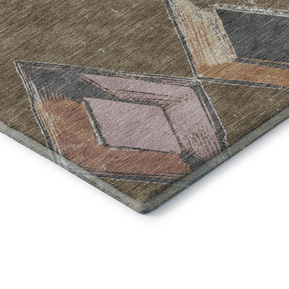 5' X 8' Brown Blue And Beige Geometric Washable Area Rug With UV Protection