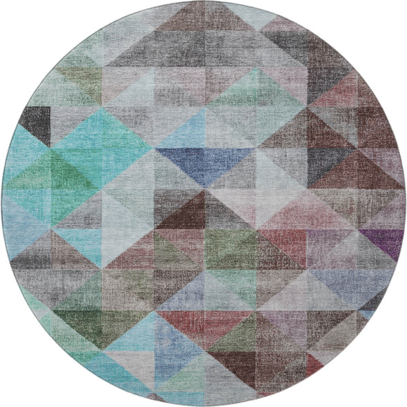 8' Silver Purple And Blue Geometric Washable Round Rug With UV Protection