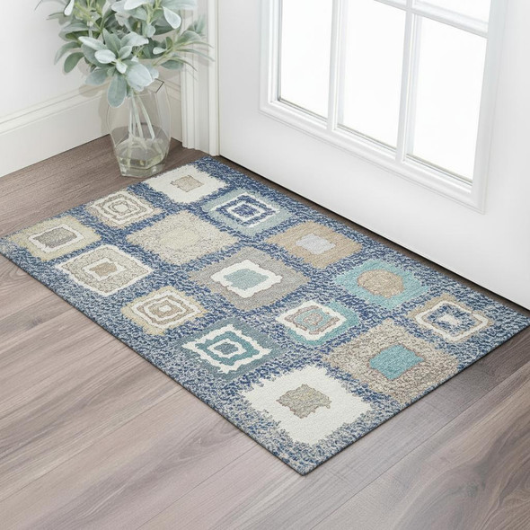 3' X 5' Navy Blue Ivory And Beige Geometric Washable Area Rug With UV Protection