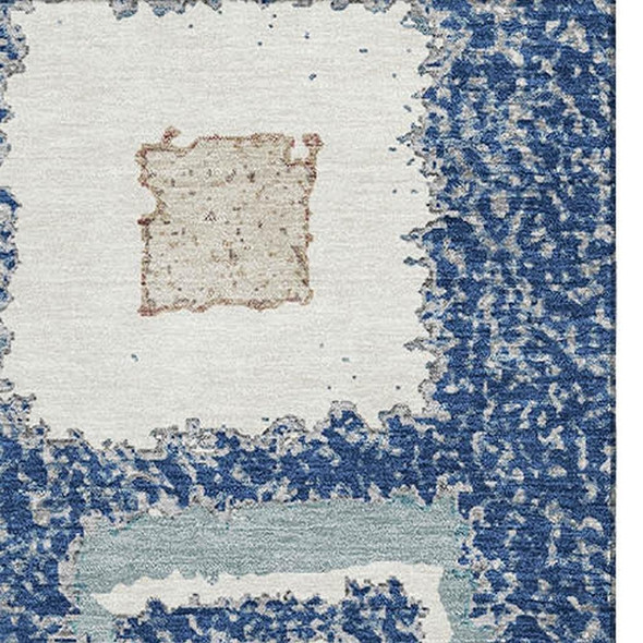 5' X 8' Navy Blue Ivory And Beige Geometric Washable Area Rug With UV Protection