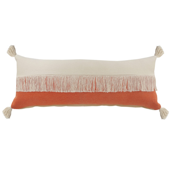 14" X 36" Pumpkin And Off White Lumbar Beach Cotton Throw Pillow Cover with Tassels