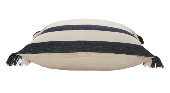 20" Blue And White Striped Cotton Throw Pillow Cover with Fringe